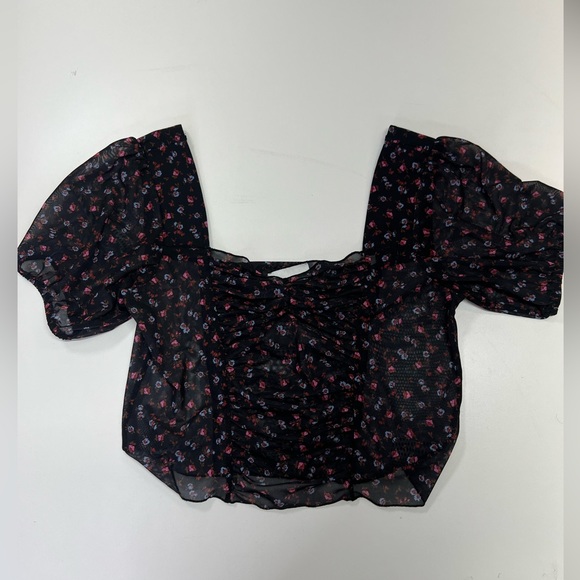 Topshop Ruched Ditsy Floral Mesh Crop Top Black Multi US Size 8 Medium - Picture 2 of 9